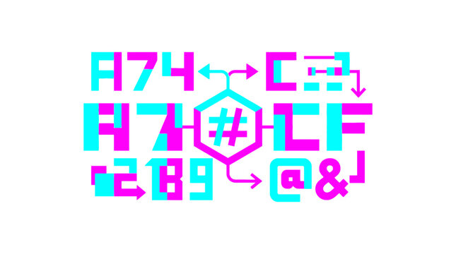 Abstract neon alphanumeric code for digital encryption.