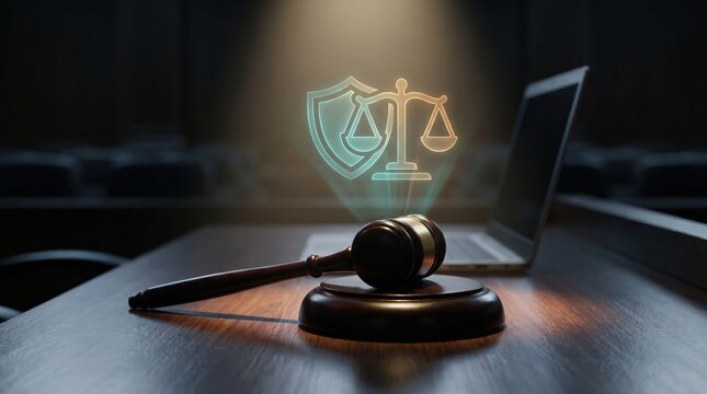 Legal Technology and Digital Justice Concept: Holographic Shield and Scales of Justice Icons Over Judge Gavel on Dark Desk