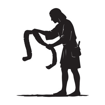 Black silhouette of a person standing and holding a long scroll or fabric, isolated on a white background