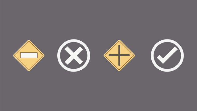 Set of four universal symbols representing negation, cancellation, addition, and confirmation against a plain background