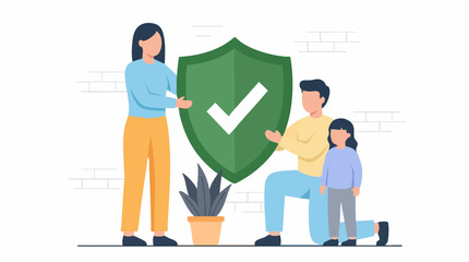 Family protecting child with shield, symbolizing safety and security © Siamart