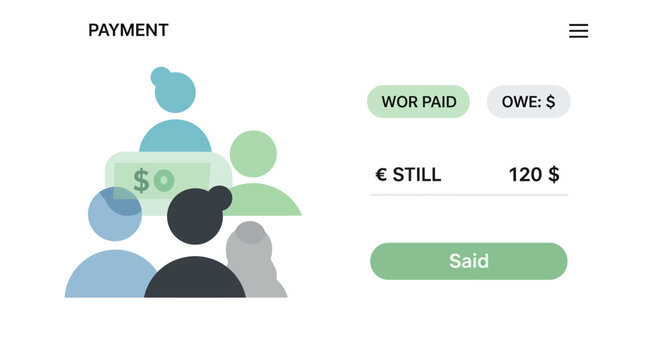 Flat Vector Illustration of a Digital Payment App Interface for Shared Expenses and Debt Tracking