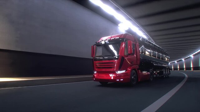 3d model red oil Tanker Truck Driving Through Modern Highway Tunnel. Realistic 4k animation.
