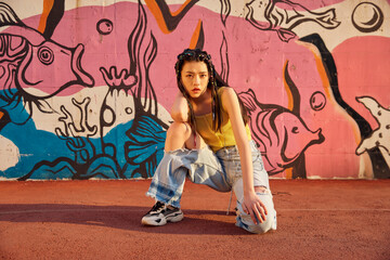 Fashionable young woman posing on street court against colorful graffiti mural © TuBichHong