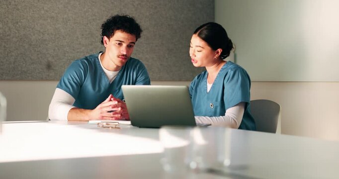 Reading, nurses and people with laptop in office, case study discussion or plan healthcare treatment. Research, team and medical resident with brainstorming for diagnosis, pc or patient care proposal