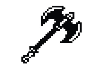 Black pixelated axe illustration, classic video game style © SWORNALY