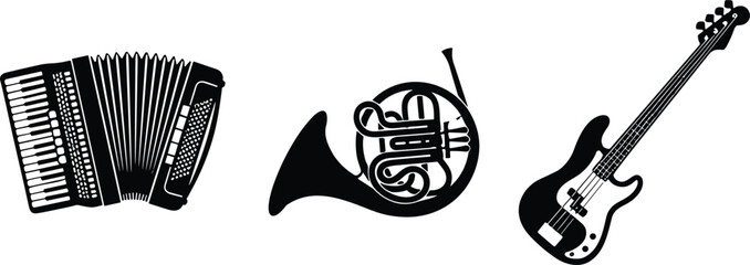 Black Silhouette Collection of Accordion French Horn and Electric Bass Guitar Isolated Musical Instrument Vector Icons © MstRumana
