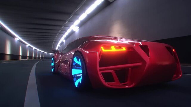3d model Red Futuristic Sports Car Speeding Through Tunnel. Realistic 4k animation.