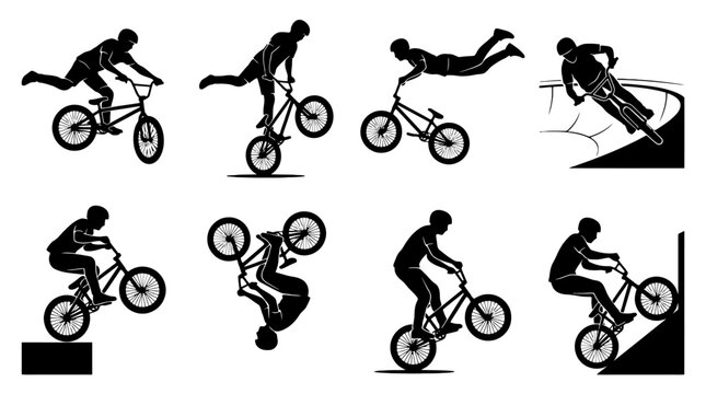 Silhouette illustrations of BMX bike tricks.