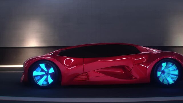 3d model Red Futuristic Sports Car Speeding Through Tunnel. Realistic 4k animation.