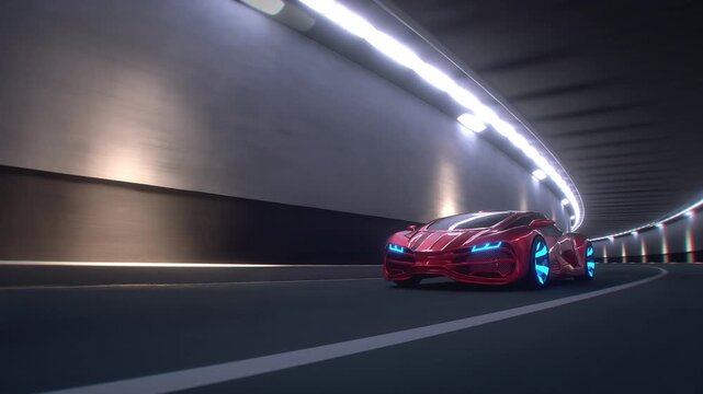 3d model Red Futuristic Sports Car Speeding Through Tunnel. Realistic 4k animation.