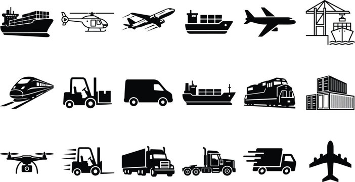 Global Logistics and Transportation Silhouette Icon Set Featuring Cargo Ships Aircraft Trucks Trains Forklifts and Drone
