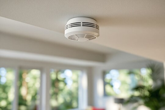 Ceiling smoke detector installed indoors near blurred windows