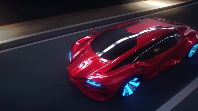 3d model Red Futuristic Sports Car Speeding Through Tunnel. Realistic 4k animation.