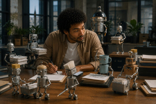 Man sits at desk, surrounded by small robots