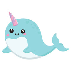 Cute cartoon narwhal character illustration with pink horn © Linocut