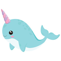 Cute cartoon narwhal vector illustration isolated on white © Linocut