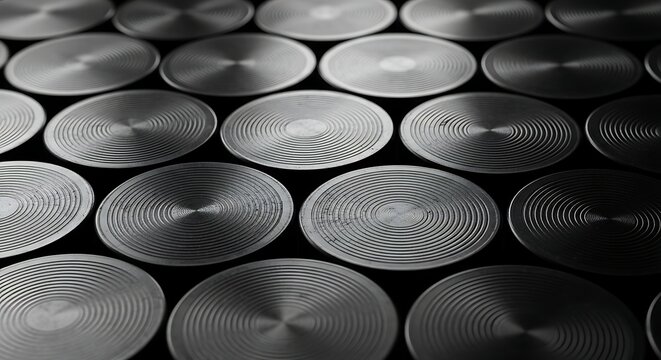 Closeup of industrial metal cylinders with concentric circular grooves