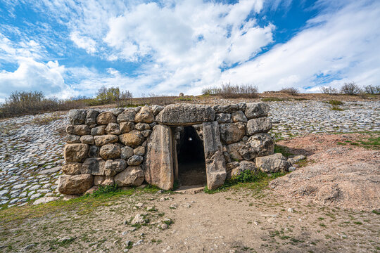 The historic stone postern tunnel beneath the Yerkapi rampart in the upper city of Hattusa. This defensive underground tunnel showcases the advanced military engineering and fortifications built by th
