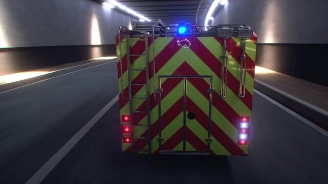 Fire Truck 3d model Speeding Through Tunnel with Flashing Emergency Lights. Realistic 4k animation.