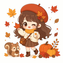 Anime girl with beret and coffee in autumn setting. © Lusi
