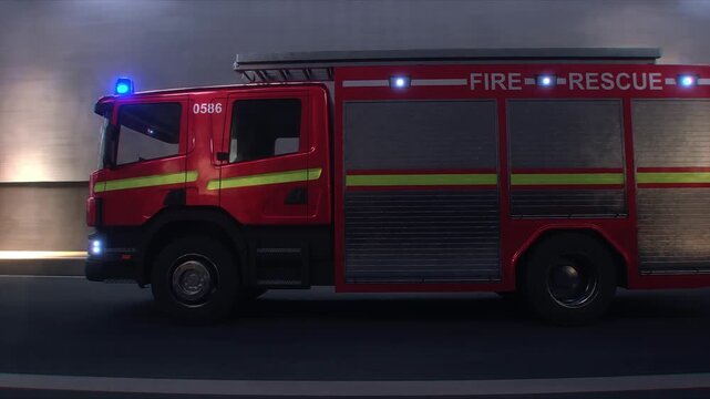 Fire Truck 3d model Speeding Through Tunnel with Flashing Emergency Lights. Realistic 4k animation.