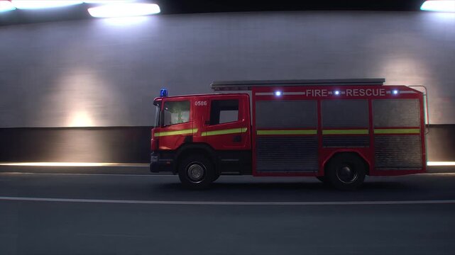 Fire Truck 3d model Speeding Through Tunnel with Flashing Emergency Lights. Realistic 4k animation.