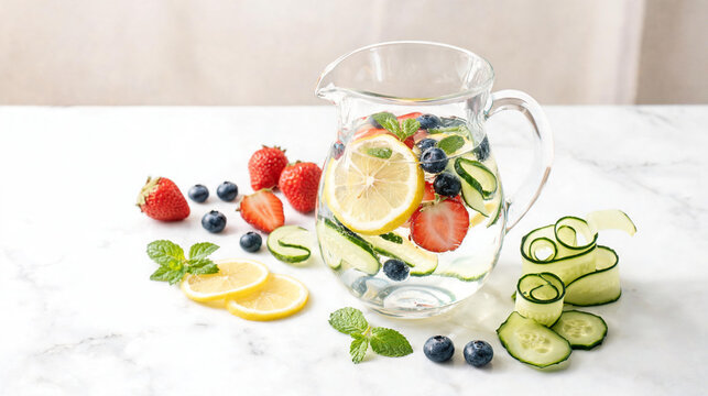 Seasonal fresh food and summer nutrition with vibrant fruits and vegetables in glass pitcher on white table