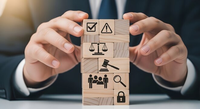 Legal protection concept hands holding stacked wooden blocks with law icons