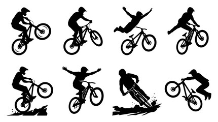 Obraz premium Silhouettes of mountain bikers performing stunts.