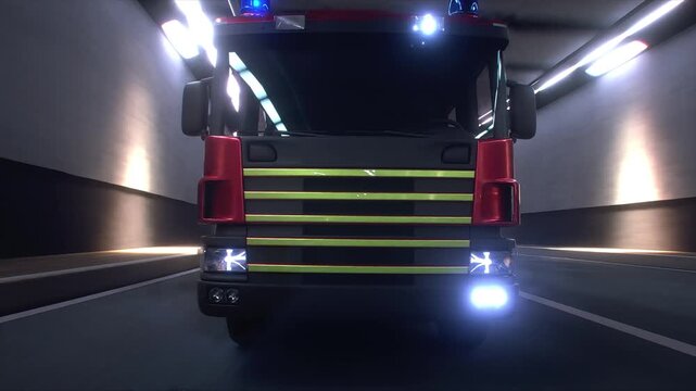 Fire Truck 3d model Speeding Through Tunnel with Flashing Emergency Lights. Realistic 4k animation.