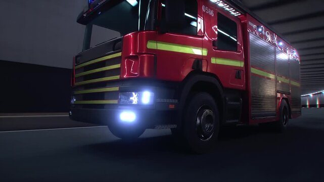 Fire Truck 3d model Speeding Through Tunnel with Flashing Emergency Lights. Realistic 4k animation.