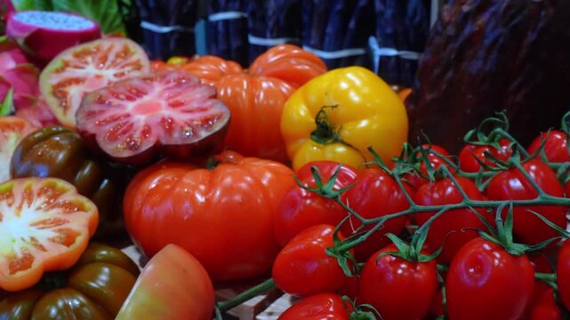 Close up of vine tomatoes and heirloom varieties at food show display. Red, yellow and brown sliced tomatoes filling the frame.