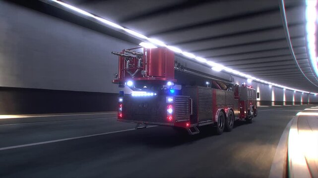 Fire Truck 3d model Speeding Through Tunnel with Flashing Emergency Lights. Realistic 4k animation.