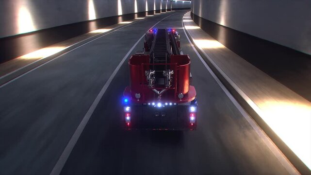 Fire Truck 3d model Speeding Through Tunnel with Flashing Emergency Lights. Realistic 4k animation.