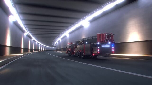 Fire Truck 3d model Speeding Through Tunnel with Flashing Emergency Lights. Realistic 4k animation.