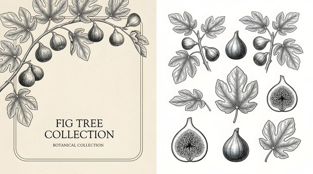 Vintage Fig Tree Botanical Collection, Hand Drawn Engraving Style Set with Whole Figs, Sliced Fruit and Leaves for Organic Food Branding