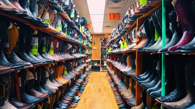 Aisle of western boots stacked on shelves in retail shop, Chicago. Vanishing point perspective of leather footwear with sale signs overhead.
