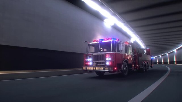 Fire Truck 3d model Speeding Through Tunnel with Flashing Emergency Lights. Realistic 4k animation.
