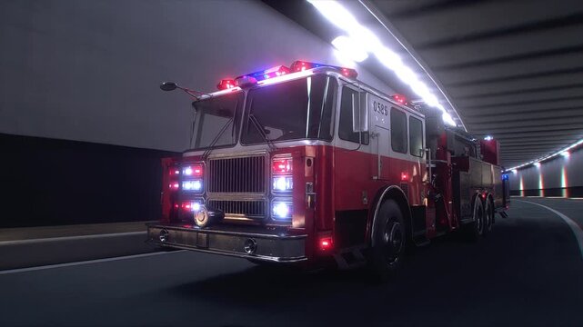 Fire Truck 3d model Speeding Through Tunnel with Flashing Emergency Lights. Realistic 4k animation.
