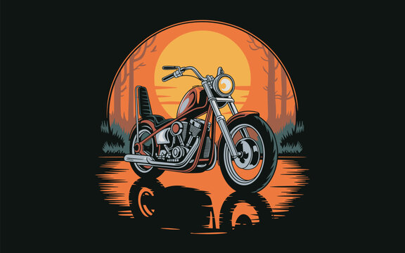 Detailed vintage chopper motorcycle parked against a warm golden sunset in a forest featuring atmospheric wet reflections.