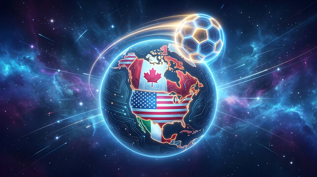 Vibrant illustration of north america with usa, canada, and mexico flags on a glowing globe surrounded by a soccer ball in space with stars and nebulae
