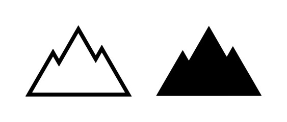 Mountain Icons, Summit Peaks, Landscape Symbols. Minimalist outline and solid black vector graphics for nature and adventure themes. © Arman