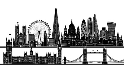 Fototapeta premium London landmarks skyline vector illustration black panoramic silhouette of England cityscape