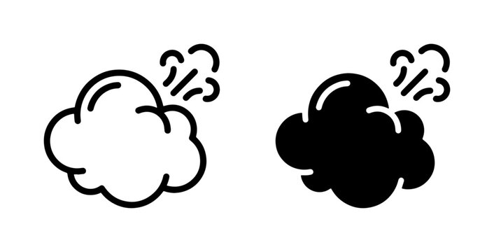 Cloud Icon Set, Weather Symbol, Smoke Puff, Steam Vent, Air Blast, Simple Line Art, Black and White Graphic