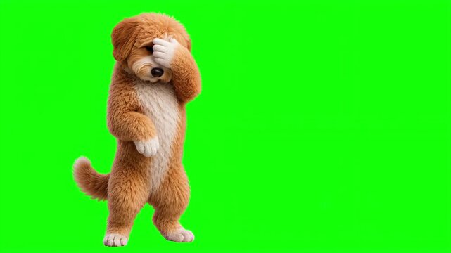 Realistic 3D dog doing a facepalm gesture, frustration and mistake concept isolated on chroma key green screen background, Covering Face, Disappointment, Stress, Regret, Failure, Error