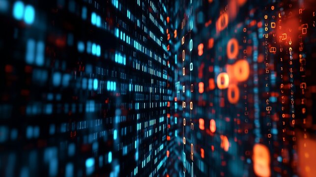 A futuristic digital tunnel of colorful data and binary code streaming rapidly through space