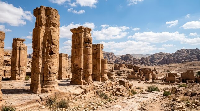 Ancient Nabataean City Ruins in Petra, Jordan with Sandstone Architecture Under a Blue Sky