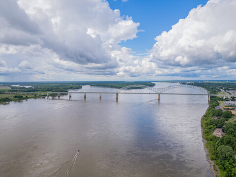 Aerial view of Hernando de Soto Bridge over the Mississippi River