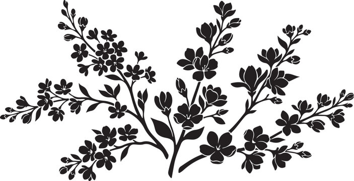 Premium botanical elements and floral vector silhouette collection. Featuring elegant wildflower bouquets, blooming hydrangea branches, garden leaves, foliage sprigs, plant stems, and tree twigs. 